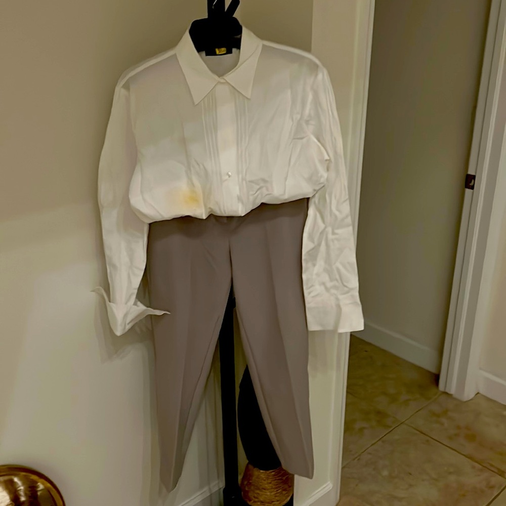 Tailored gray pants, straight legs, dressy, white tuxedo, formal blouse